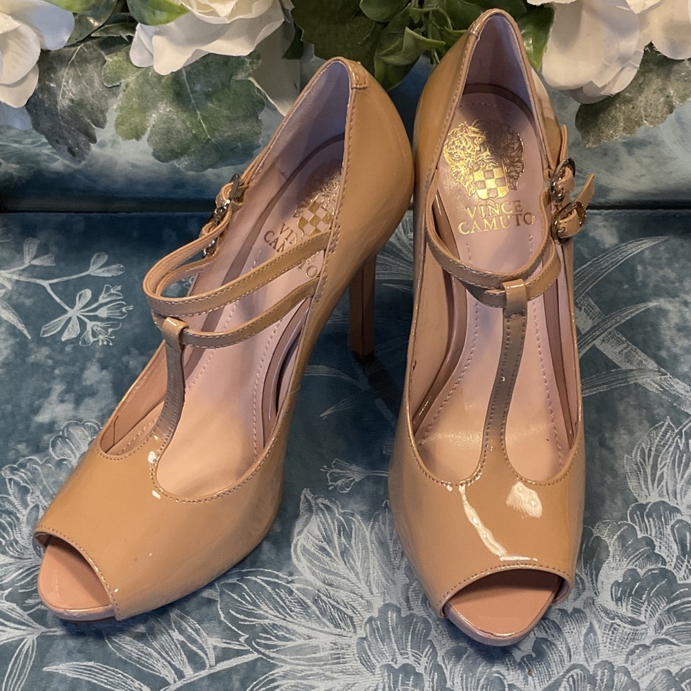 Vince Camuto Nude Patent T-Strap Peep-Toe Heels